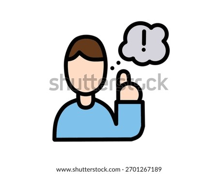 A stylized person points upwards, with an exclamation mark in a thought bubble above their head.