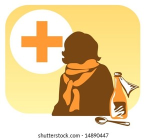 Stylized person in a scarf with mixture and the spoon on a yellow background