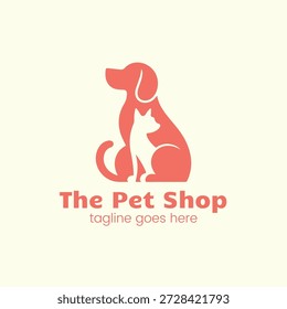Stylized pet shop logo featuring a coral-colored dog and cat silhouette integrated into a clean emblem. Ideal for pet supply stores, grooming services, veterinary clinics, or animal care brands. Professional and friendly design perfect for marketing and identity use.