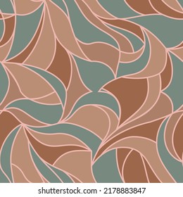 Stylized petals organic pattern with abstract leaf and curved lines. Seamless vector brown and green texture can be used for web page backgrounds, wallpapers, printing on fabric