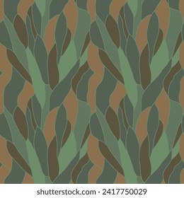 Stylized petals organic pattern with abstract leaf and curved lines. Seamless vector brown and green texture can be used for web page backgrounds, wallpapers, printing on fabric