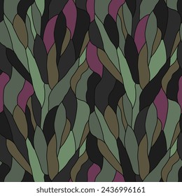 Patrón orgánico de pétalos estilizados con hojas abstractas y líneas curvas. Vitral. Resumen remolinos y hojas de textura sin fisuras. Técnica de Tiffany, adorno de vidrio de color. Fondo de pantalla vectorial