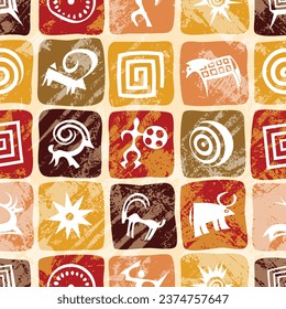 Stylized petroglyphs, checkered structure, cave drawings, vector design, seamless pattern