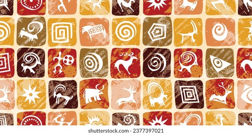 Stylized petroglyphs, checkered structure, cave drawings, vector design, seamless pattern