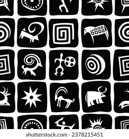 Stylized petroglyphs, checkered structure, cave drawings, vector design, seamless pattern, black and white