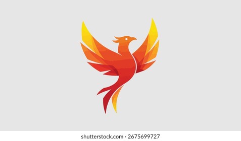 Um logotipo estilizado do pássaro Fênix, renderizado com um gradiente de cores quentes de amarelo a vermelho, simbolizando renascimento, força e poder mítico.