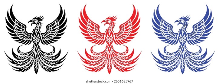 Stylized Phoenix Bird Mascot in Tribal Tattoo Style Vector Illustration Set