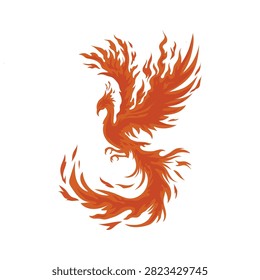Stylized phoenix in orange and red flame shapes with wings spread wide, symbolizing rebirth, transformation, and immortality in a dynamic symmetrical design.