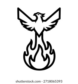 A stylized phoenix rising from flames, depicted in simple black lines on a white background, symbolizing rebirth and renewal.