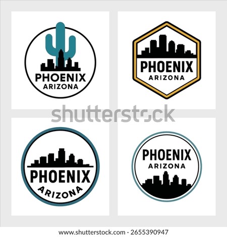 Stylized Phoenix skyline emblem with iconic buildings and desert elements. Perfect for Arizona tourism or branding projects.