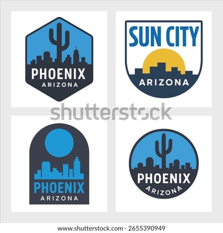 Stylized Phoenix skyline logo emblem with urban and desert landmarks. Perfect for Arizona tourism, travel, or branding projects.