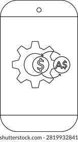 A stylized phone screen features a gear mechanism symbolizing currency exchange with USD and AUD icons