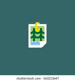 Stylized photo of minimalist landscape with fir tree and lake on green board