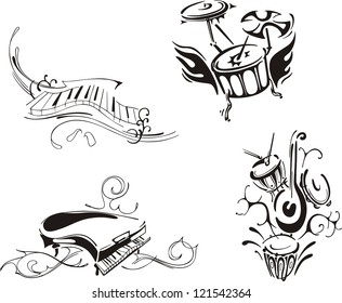 Stylized piano and percussion. Set of black and white vector musical emblems.