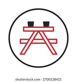 Um ícone de mesa de piquenique estilizado é apresentado dentro de um círculo, renderizado em negrito linhas vermelhas e pretas. Este gráfico minimalista transmite uma sensação de lazer ao ar livre, reuniões e comunidade, adequado para