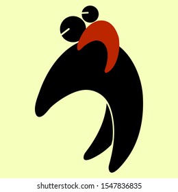Stylized pictogram icon. Parent and baby. A father carries a small child on his shoulders. Black-red silhouette. Help in raising a child, the influence of the father on the boy, care, protection.