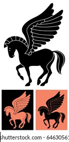 Stylized picture of the winged horse Pegasus, inspired by drawings on Greek vases.