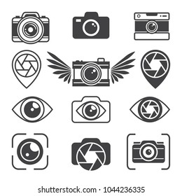 Stylized pictures of different photo equipment. Camera equipment photography, digital lens for photo. Vector badge and emblem illustration