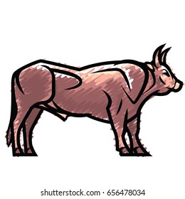 Stylized picturesque painted drawing of a powerful standing bull