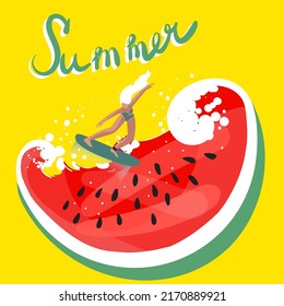 Stylized piece of watermelon in the form of a wave of juice with a surfer, vector illustration, Summer lettering. Suitable for invitations to a summer, coastal party, for a fresh cafe menu.
