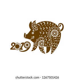 Stylized Pig richly decorated with ornaments. Decorative symbol 2019. Year of The Earth Pig. Chinese New Year vector pattern. 