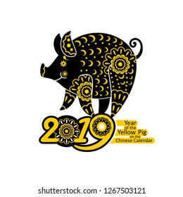 Stylized Pig richly decorated with ornaments. Decorative symbol 2019. Year of The Earth Yellow Pig. Chinese New Year vector pattern. 