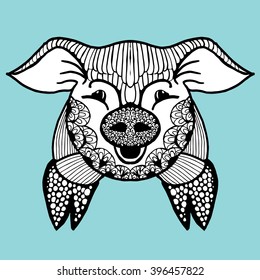 Stylized piggy. Portrait of a pig. The head of the pig. Line art. Black and white drawing by hand. Tattoo.