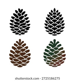 Conjunto de Vector estilizado de cono de pino con variaciones de color negro y terroso en un diseño plano y limpio. Ideal para temas de naturaleza, decoración de otoño, logotipos, empaques y proyectos de artesanía.