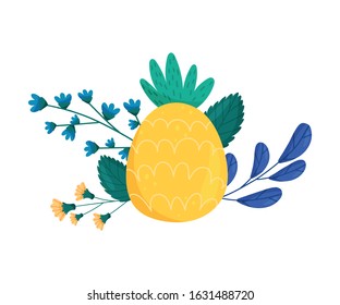 Stylized Pineapple with Flowers and Leaves Behind Vector Composition