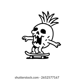 Um personagem de crânio de abacaxi estilizado, com cabelo espetado, está andando de skate