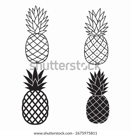 Stylized Pineapple Vector Icon Set – Minimal Black and White Fruit Silhouettes with Crisscross Patterns