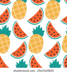 Stylized Pineapple and Watermelon slices Seamless pattern in trendy summer colors Minimalistic style