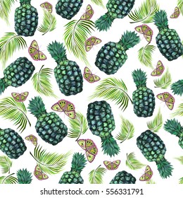 Stylized pineapples, butterflies, palm leaves, seamless pattern, vector