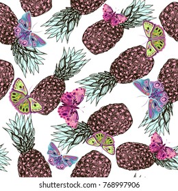 Stylized pineapples, butterflies, palm leaves, seamless pattern, vector