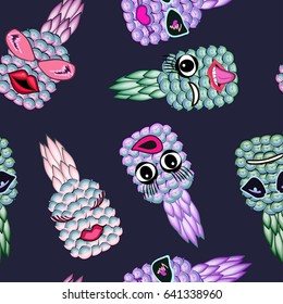 Stylized pineapples, colored summer smiles, seamless pattern, vector