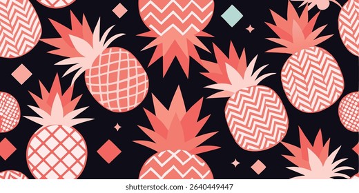 Stylized pineapples with coral and white geometric patterns on a dark background. Close-up view, vibrant colors.