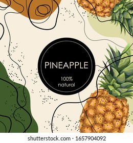 Stylized pineapples on an abstract background. Ripe pineapple. 100% natural. Card, banner, poster, sticker, print, advertising material. Vector illustration.