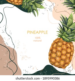 Las piñas estilizadas sobre un fondo abstracto. Piña madura. Tarjeta, banner, afiche, pegatina, impresión, material publicitario. Ilustración vectorial.