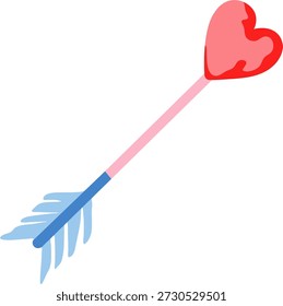 Una flecha rosa estilizada con una forma de corazón en la punta y moscas azules en diagonal.