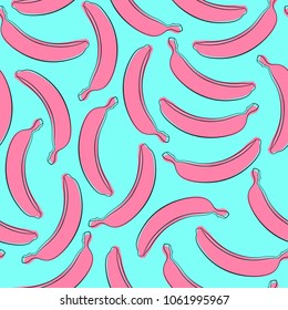 Stylized Pink Bananas on the Blue Background. Seamless Banana Pattern in Hipster Style. Fruit Illustration. Seamless Bananas for Wallpaper, Wrapping, Web Design, Textile, Fabric, Tile, Tablecloth.