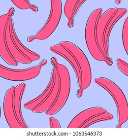 Stylized Pink Bananas on the Blue Background. Seamless Banana Pattern in Hipster Style. Fruit Illustration. Seamless Bananas for Wallpaper, Wrapping, Web Design, Textile, Fabric, Tile, Tablecloth.