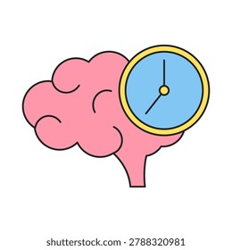 A stylized pink brain contains a large blue clock face with yellow hands and rim, symbolizing time perception or mental scheduling.