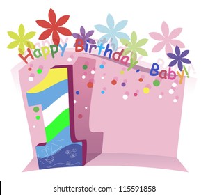 Stylized pink cake with a bright candle for the first happy birthday