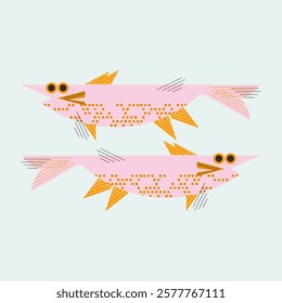 Stylized pink fish in Scandinavian style. Vector print, illustration, postcard, design element