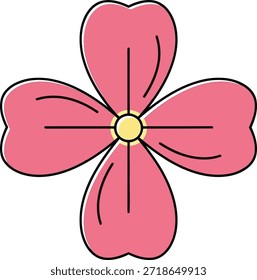 Una estilizada flor rosa con cuatro pétalos redondeados y un centro circular amarillo. Los contornos negros definen las Formas y los detalles internos.