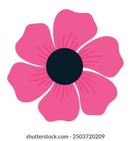 A stylized pink flower with six rounded petals and a large, dark center. Floral and decorative design illustration