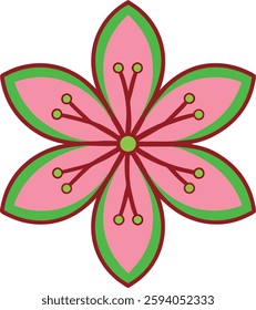 Stylized Pink Flower Vector, Green Leaves, High-Quality Nature Design for Floral Illustrations