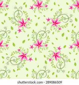 Stylized pink flowers seamless pattern on a light green background.