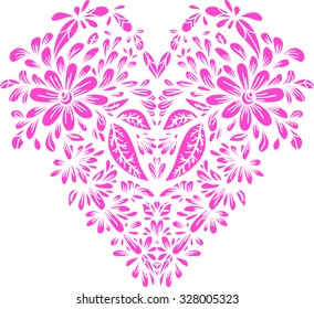 Stylized pink heart with floral elements. Vector illustration. Valentines day symbol. Love, passion, feelings. 