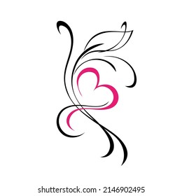 stylized pink heart with one leaf and swirls. graphic decor